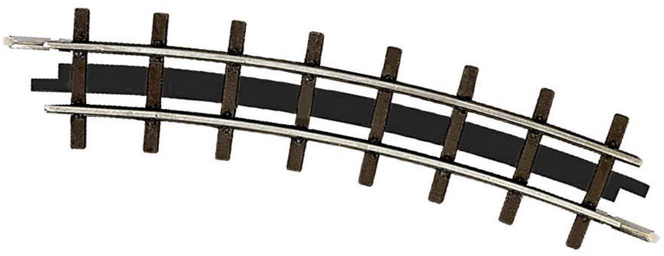 Segment de rail métallique courbé avec des traverses en bois, utilisé pour les trains miniatures.