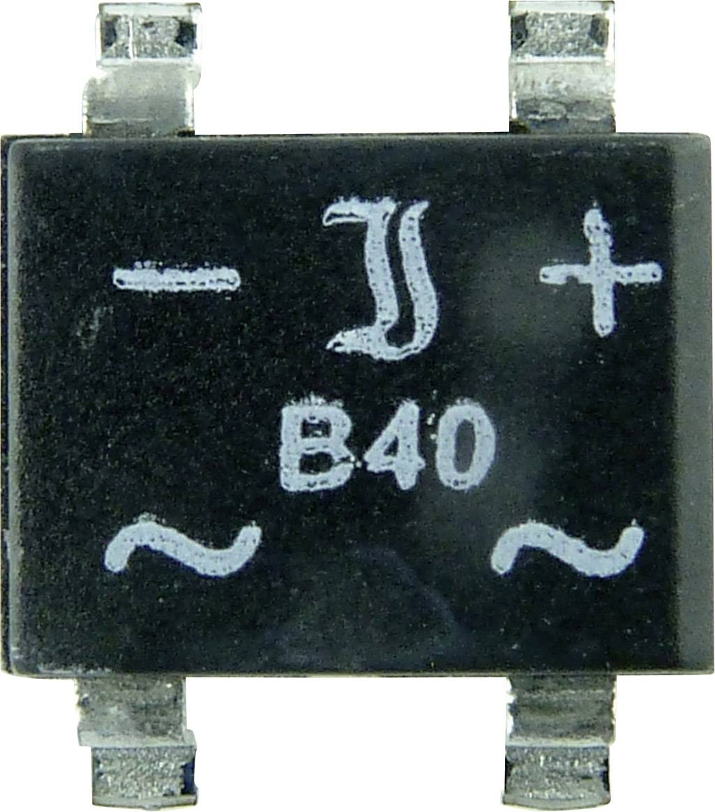 'B40' Dioden-Brückengleichrichter auf schwarzem Gehäuse mit Plus- und Minuszeichen.