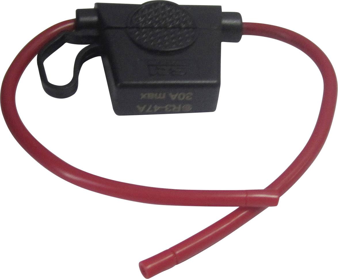 Support de câble rouge avec boîte de fusibles noire et étiquette '30A max'.