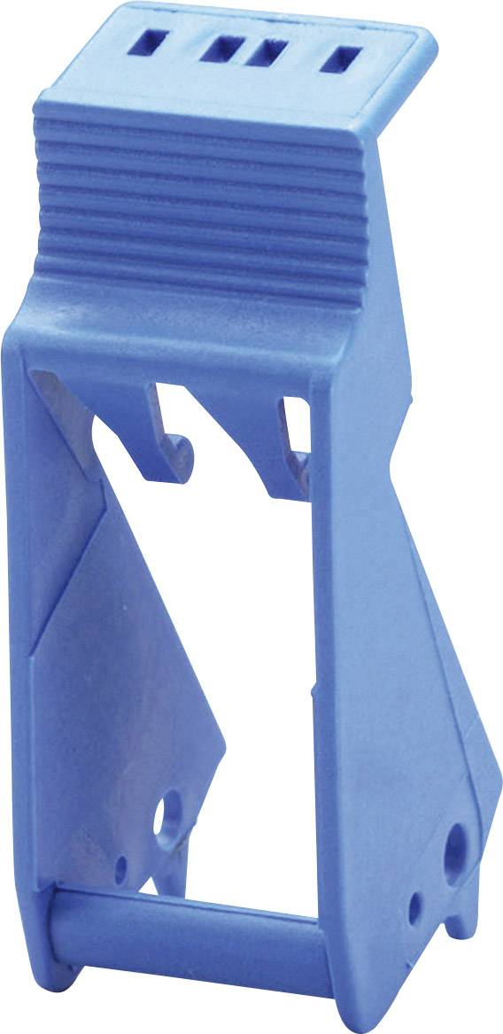 Un boîtier en plastique bleu avec une poignée antidérapante et des découpes pour une fixation murale ou sur un appareil.