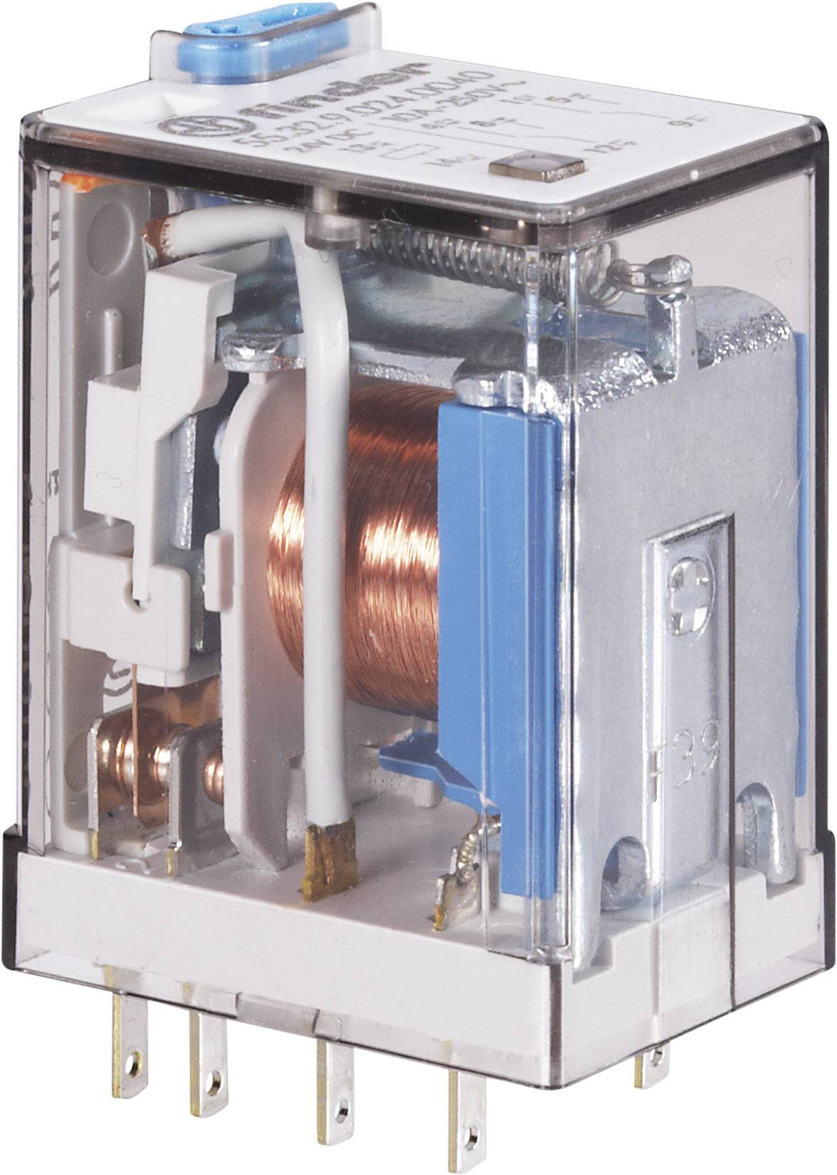 Relais électromagnétique à boîtier transparent, montrant la bobine et les contacts. Utilisé pour la commutation dans les circuits électriques.