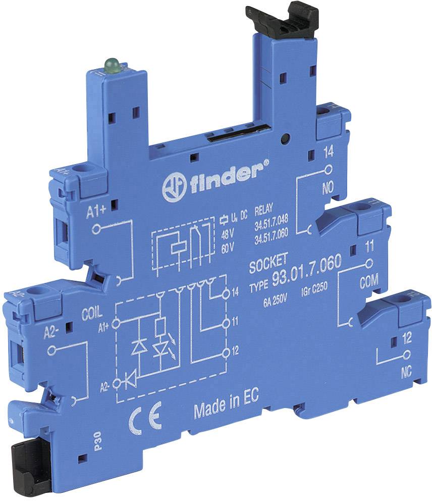 Un support électrique bleu, type 93.01.7,060 de Finder, avec connexions et caractéristiques techniques, adapté pour les raccordements de relais.
