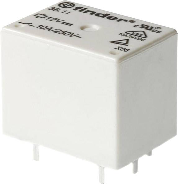 Un relais blanc portant l'inscription '12V' et '10A/250V'. Il possède quatre broches métalliques en bas et est adapté pour des commutations électriques.