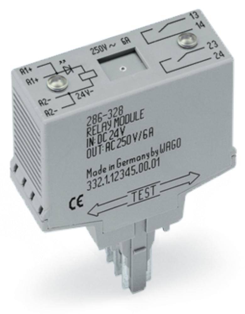 Module relais de Wago, modèle 286-328, tension de service DC 24V, sortie AC 250V/6A, avec bouton de test et étiquettes de connexion.