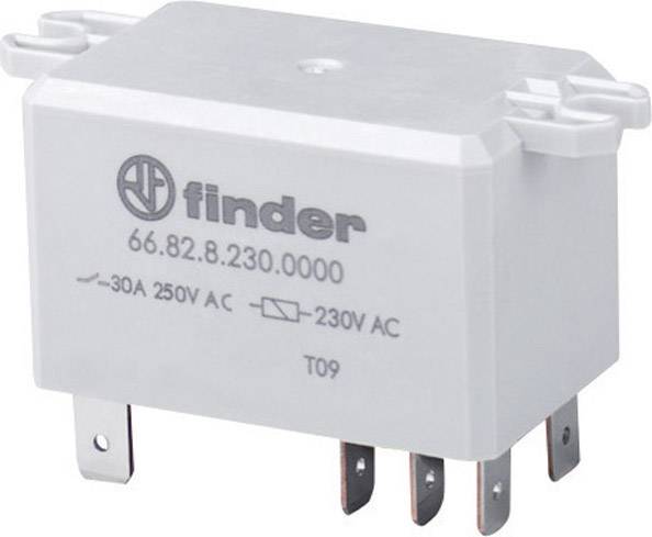 Relais électrique de Finder, modèle 66.82.8.230.0000, avec des spécifications de 30A 250V AC et 230V AC, boîtier en plastique blanc.