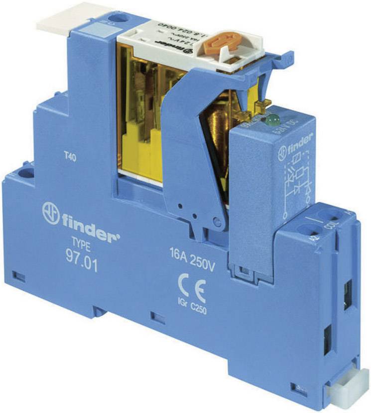 Relais Bleu de type 97.01 de Finder, 16A 250V. Présente le design du boîtier et les spécifications électriques pour des applications industrielles.