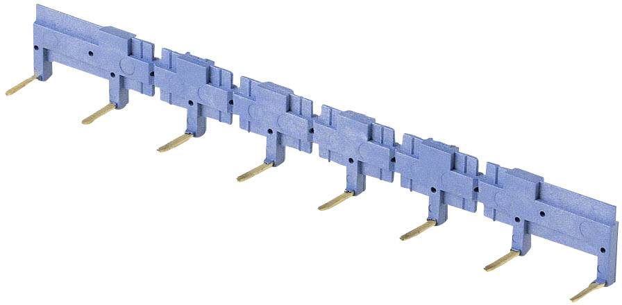 Un jumper de câblage bleu avec six broches de contact dorées, utilisé pour établir une connexion électrique sécurisée entre des circuits.