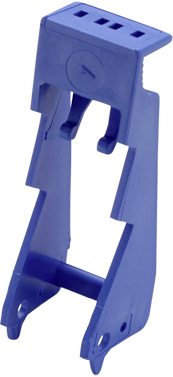 Support en plastique bleu avec une ouverture rectangulaire en haut, deux crochets latéraux et un support inférieur, probablement utilisé à des fins de fixation.