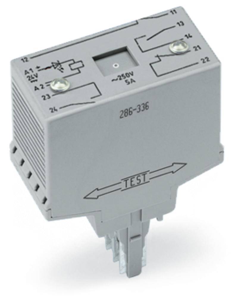 Élément de relais électronique gris avec schémas de connexion et points de raccordement sur la face supérieure. L'étiquette indique 250V, 5A.
