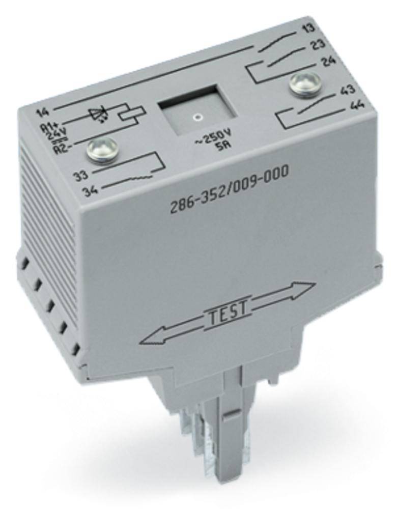 Relais gris portant l'inscription '250V 5A'. Il dispose de connexions en haut et en bas, ainsi qu'un bouton de test sur la face avant.