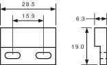 Dessin technique : Forme rectangulaire avec dimensions ; Largeur 28,5, Largeur intérieure 15,9, Hauteur 19, Distance de 6,3 entre les lignes.
