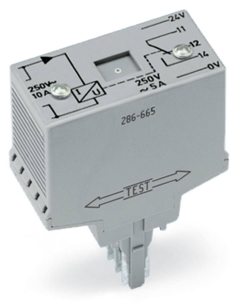 Relais avec schéma de câblage sur la face supérieure, montrant les connexions et le courant de commutation, étiqueté '250V 5A' et '250V~10A', bouton de test de fonction.