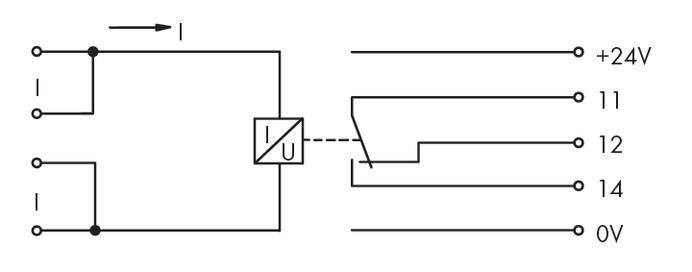 Le schéma montre une entrée avec un interrupteur connecté à une alimentation de +24V, 11, 12, 14 et 0V.