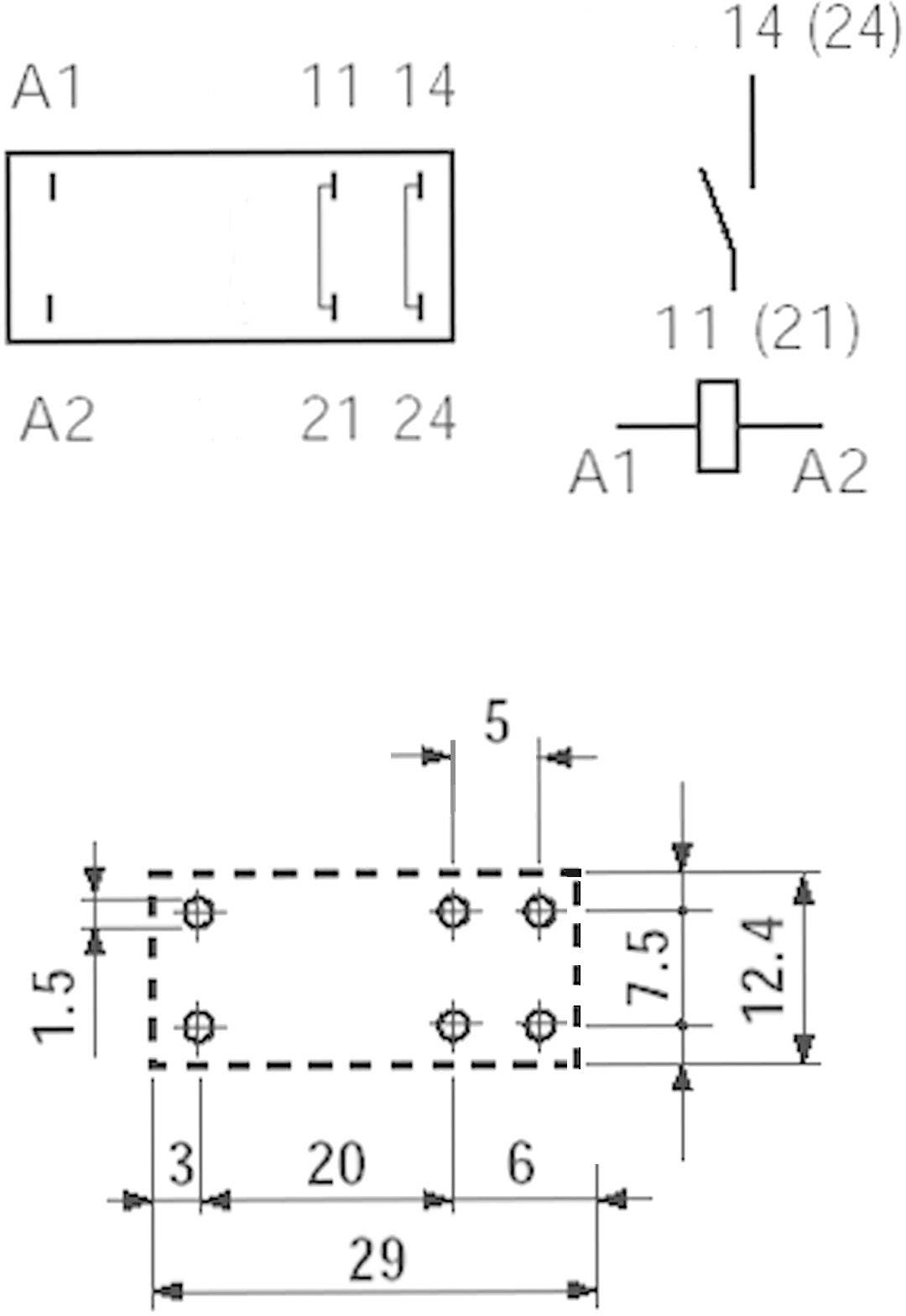 Dessin technique d'un schéma électrique avec dimensions et connexions, montrant les points de raccordement et les distances en millimètres.