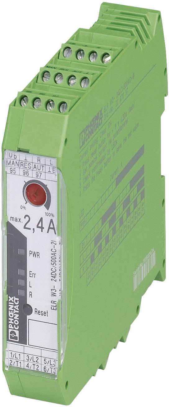 Un disjoncteur électronique vert de Phoenix Contact avec un courant maximal de 2,4 A, destiné au montage sur rail DIN.