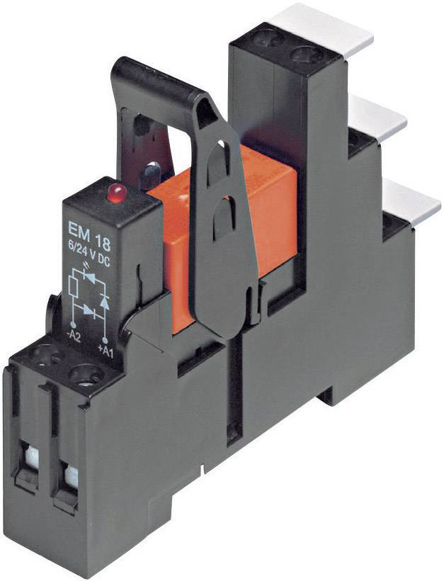 Un module relais noir et orange, étiqueté 'EM 18' et '6/24 V DC', montre des bornes de connexion et un indicateur rouge sur sa face supérieure.