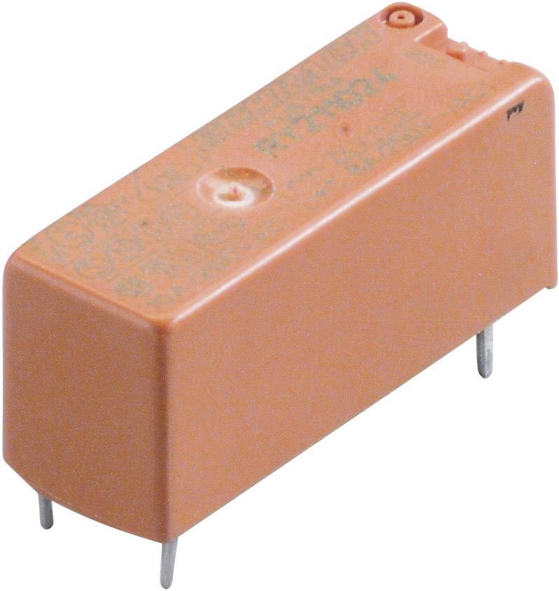 Un bloc relais rectangulaire orange avec deux broches métalliques à sa base pour une fixation dans des circuits électroniques.