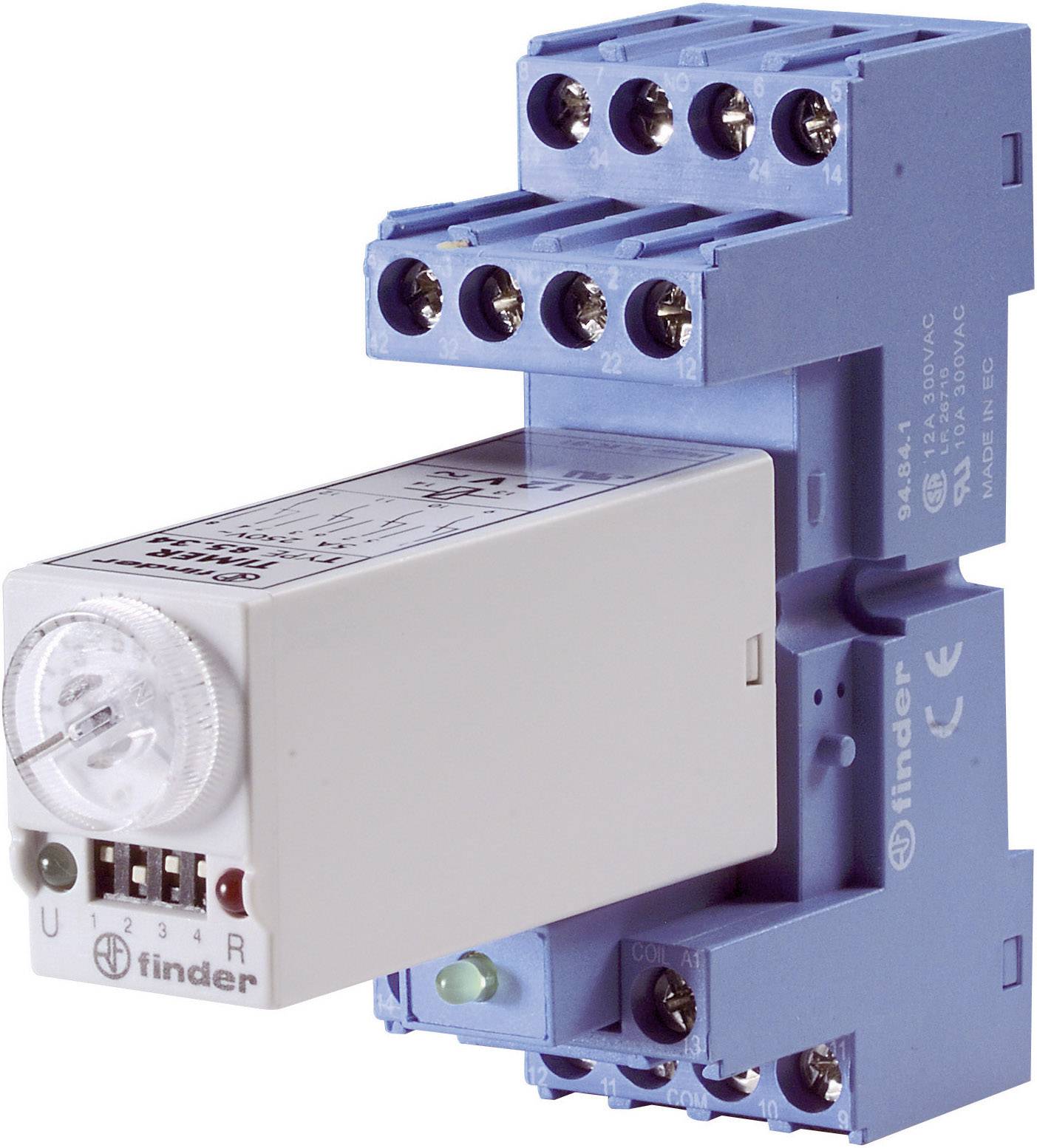 Un module de relais électrique bleu avec différentes bornes de connexion et un commutateur rotatif blanc avec échelle pour les réglages.