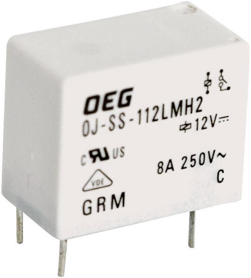 Un relais blanc portant l'inscription 'OEG OJ-SS-112LMH2', spécifiquement conçu pour 12V, 8A, 250V, et portant plusieurs certifications de sécurité.
