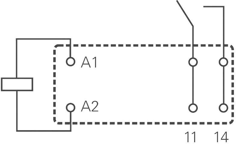 Schéma de câblage d'un relais avec bornes de bobine A1 et A2 et contacts de commutation 11 et 14.