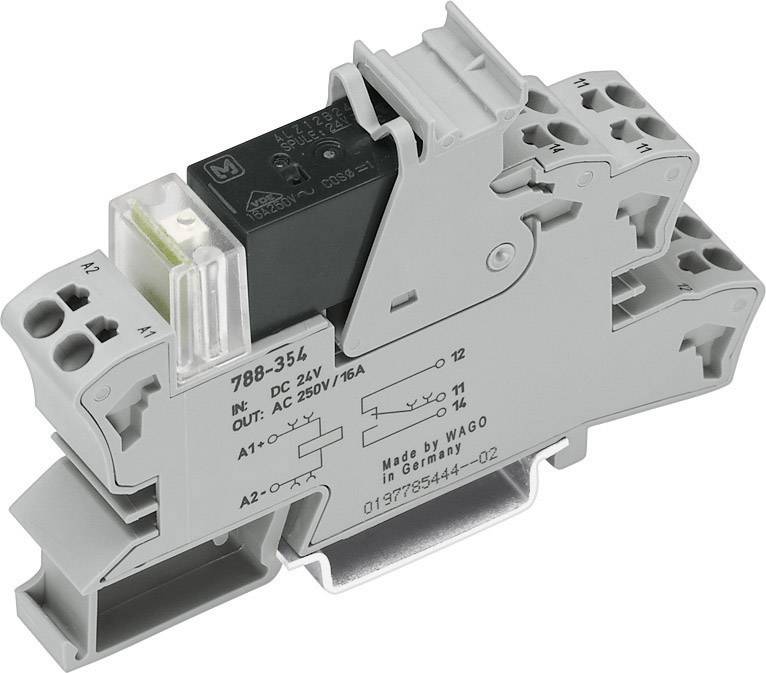 Un relais de rail DIN gris avec étiquetage et bornes de raccordement, adapté pour 24V DC ou 250V AC, 16A de WAGO.