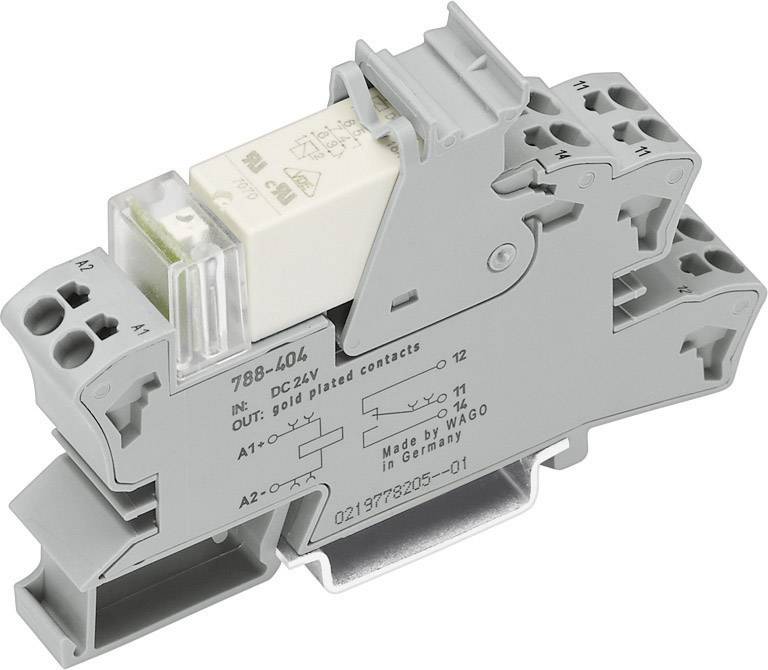 Module relais avec support sur rail DIN, numéro de modèle 788-404, gris. Adapté pour 24V DC, fabriqué en Allemagne par WAGO.