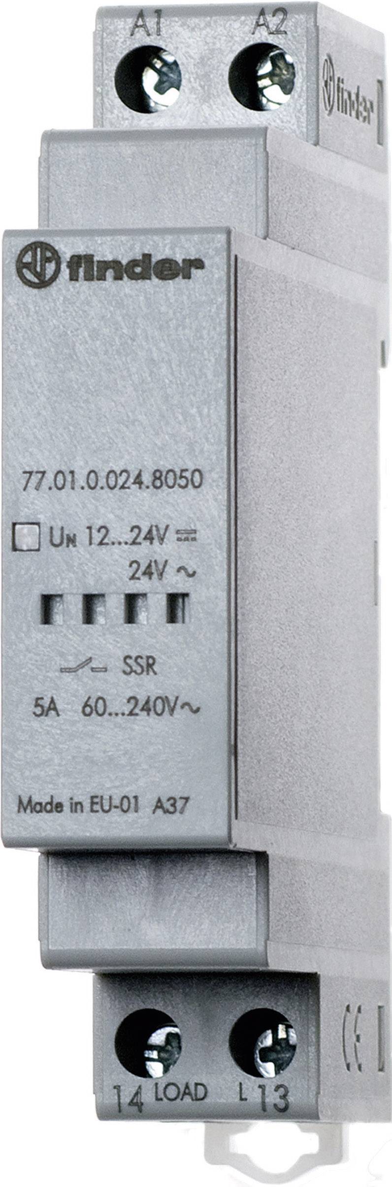 Un relais électronique de la marque Finder, numéro de modèle 77.01.0.024.8050. Tension : 12-24V, charge : 5A à 60-240V.