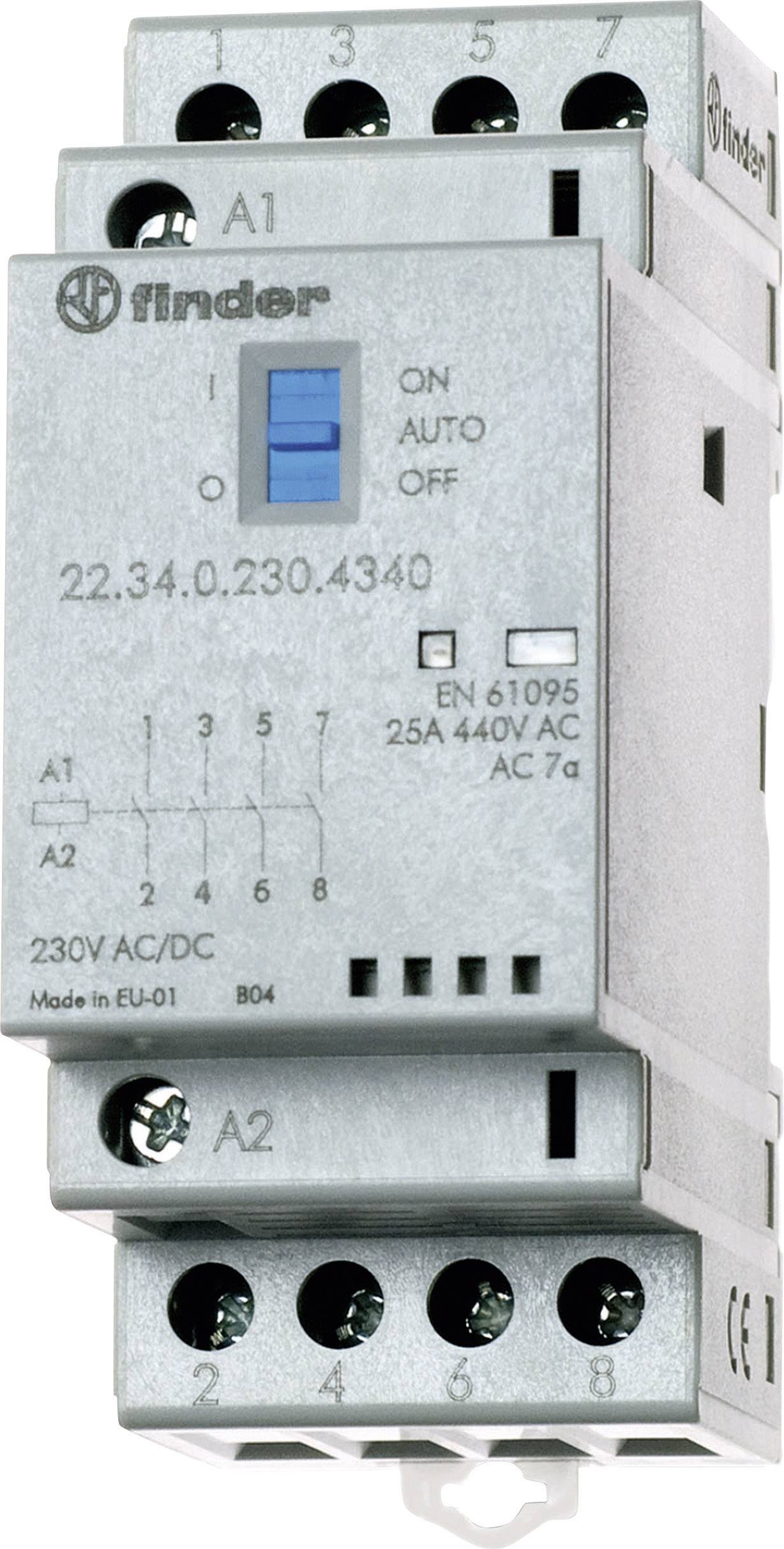 Relais électrique dans un boîtier gris avec un indicateur bleu et les mentions 'ON', 'AUTO', 'OFF', ainsi que les spécifications de tension.