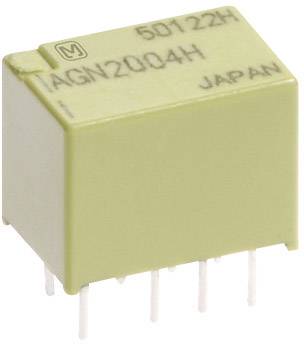 Un composant électronique carré jaune avec plusieurs broches de connexion en dessous. Inscription : « AGN20Q4H ». Pays d'origine : Japon.
