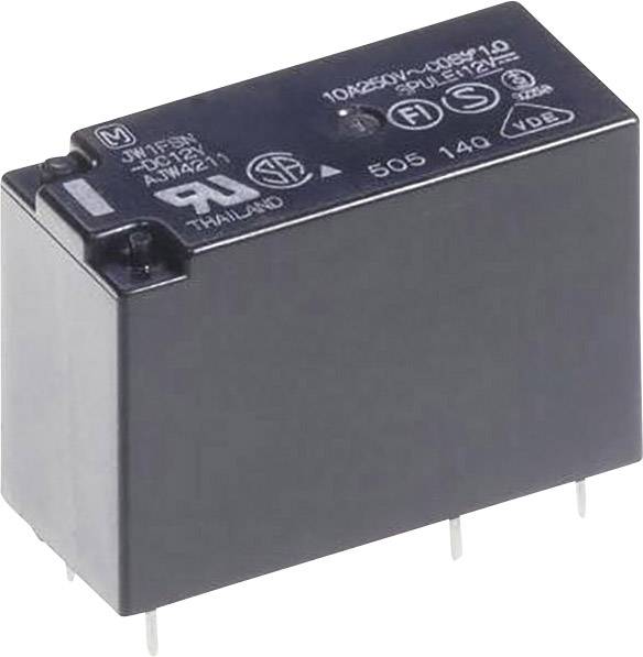 Relais noir avec inscription blanche, affichant des spécifications techniques et des certifications, utilisé pour les circuits électriques.