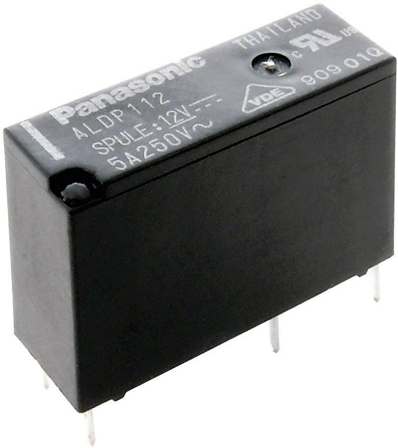 'ALDP112' Relais Panasonic à cinq broches, bobine 12V. Composant rectangulaire noir avec spécifications techniques imprimées.
