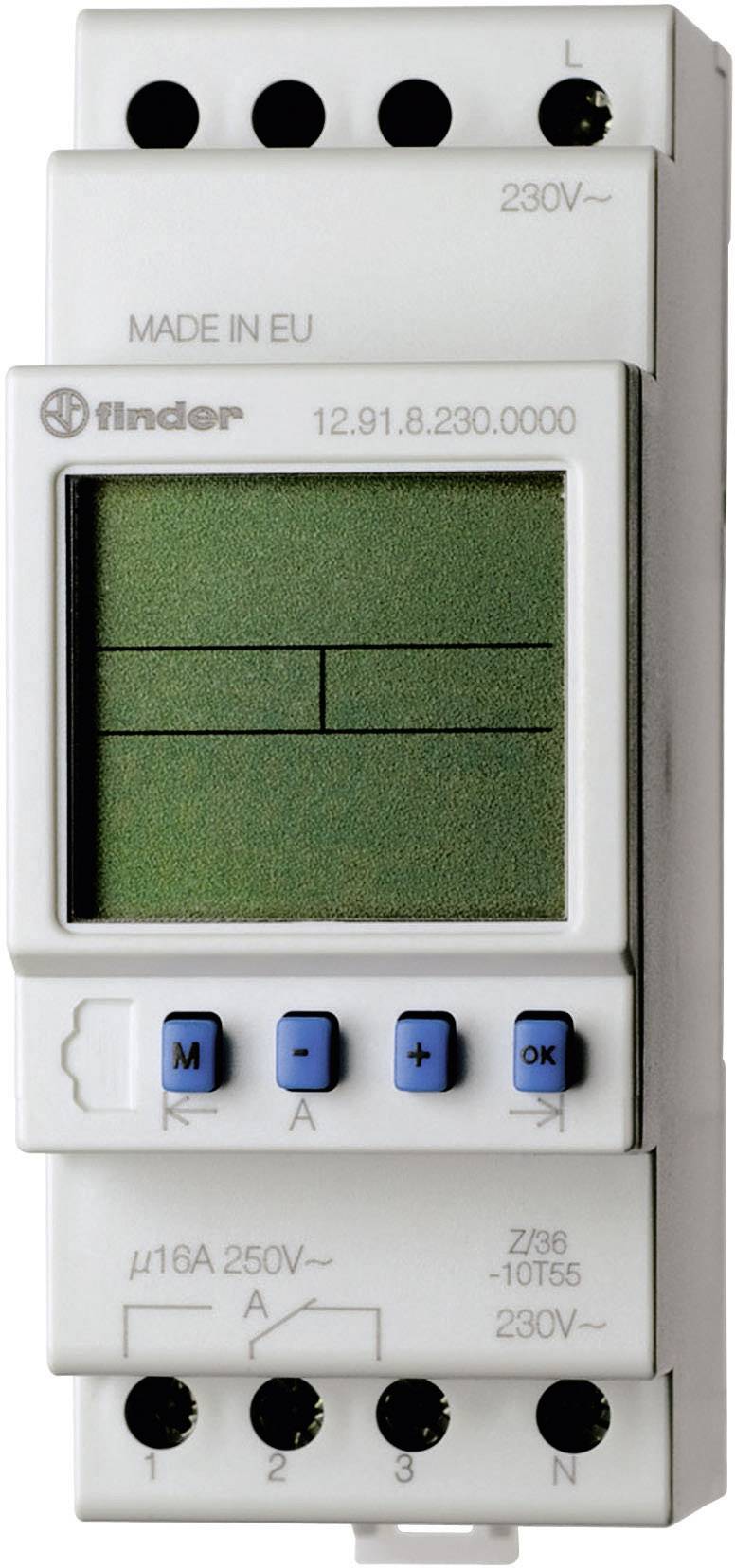 Interrupteur horaire digital de Finder avec affichage et touches de réglage. Adapté pour une tension de 230V, courant maximal de 16A.