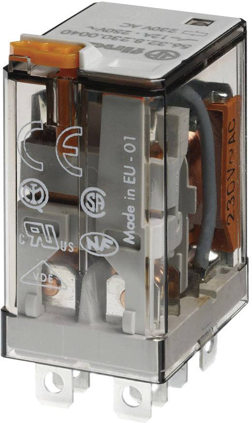 Relais électromagnétique avec socle métallique, boîtier transparent, tension de service 230V AC. Contient les symboles CE, TÜV et autres certifications.