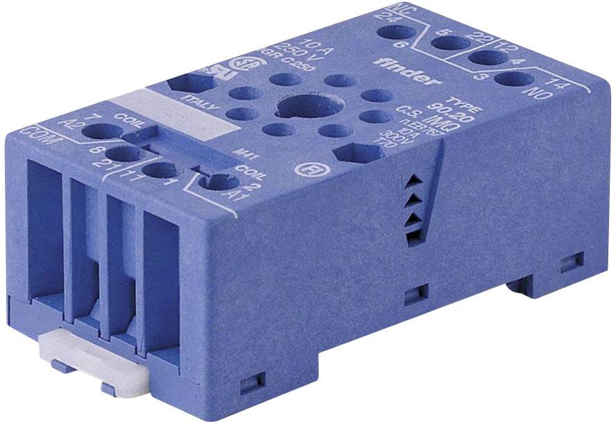 Support bleu 90.02 avec bornes et étiquetage pour montage de relais 2 pôles, adapté pour montage sur rail DIN. Fabricant : Finder.