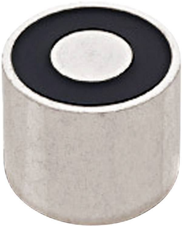 Aimant cylindrique en argent avec un cercle noir sur le dessus, isolé sur un fond blanc.