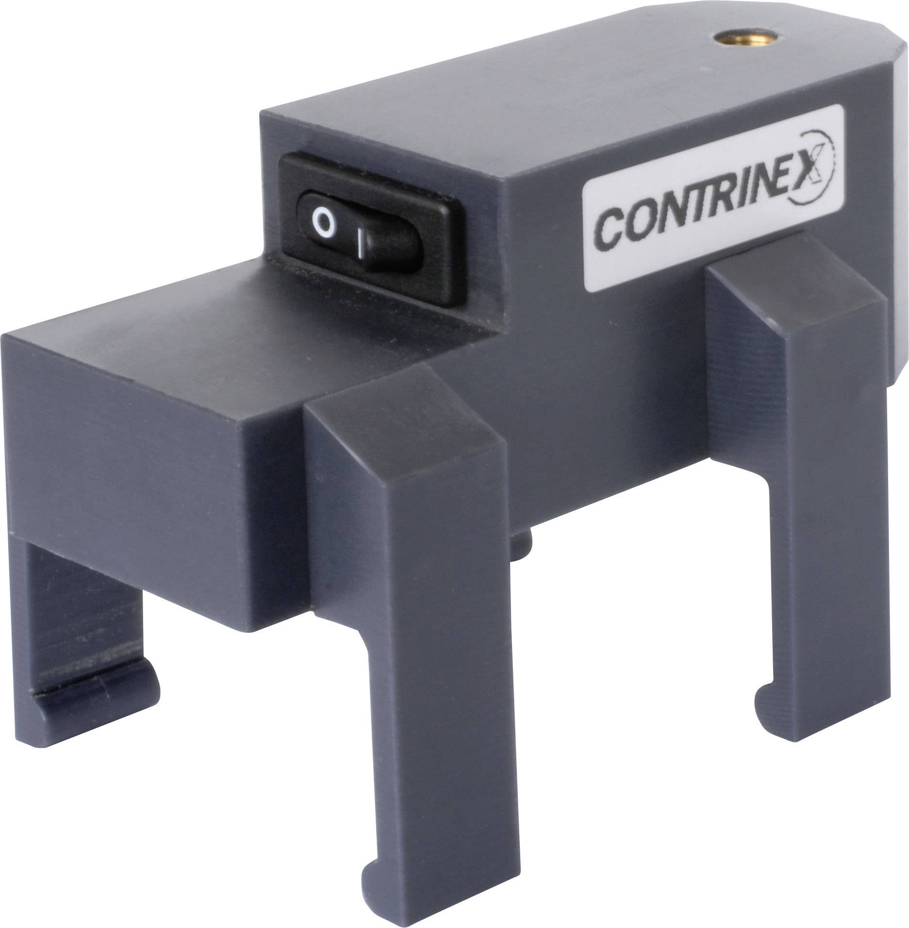 Un support en plastique gris, rectangulaire, monté sur quatre pieds, avec un interrupteur à bascule. L'inscription 'Contrinex' est visible sur le côté.