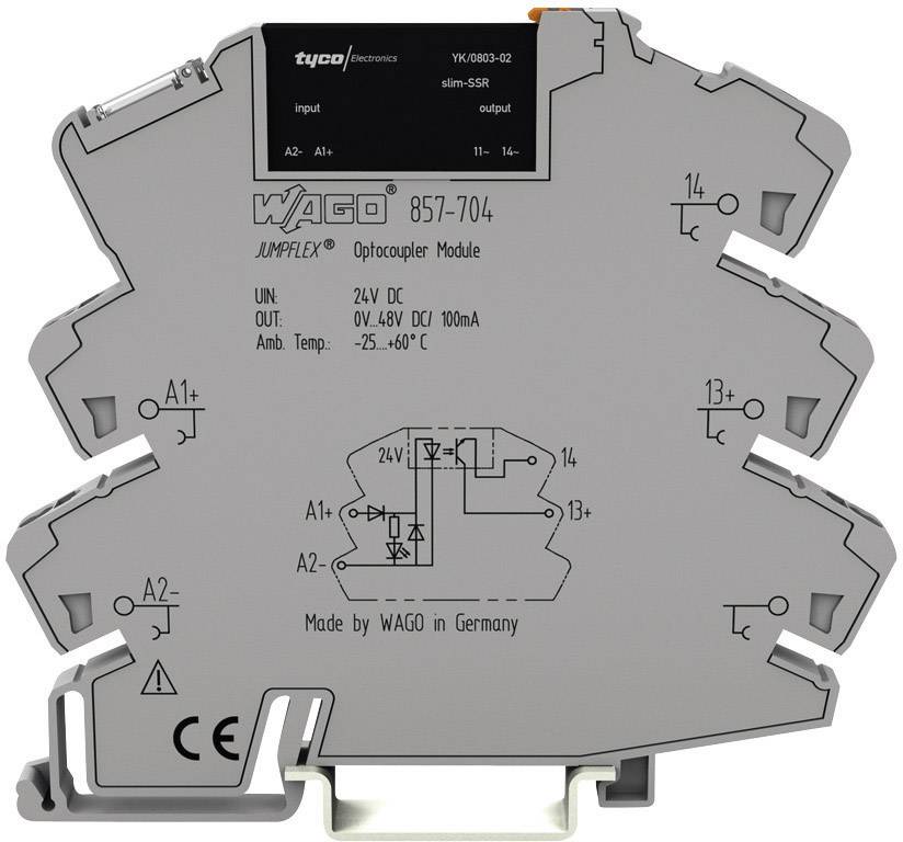 Module optocoupleur de WAGO, modèle 857-704. Tension 24V DC, plage de température de -25 à 60°C. Fabriqué en Allemagne.