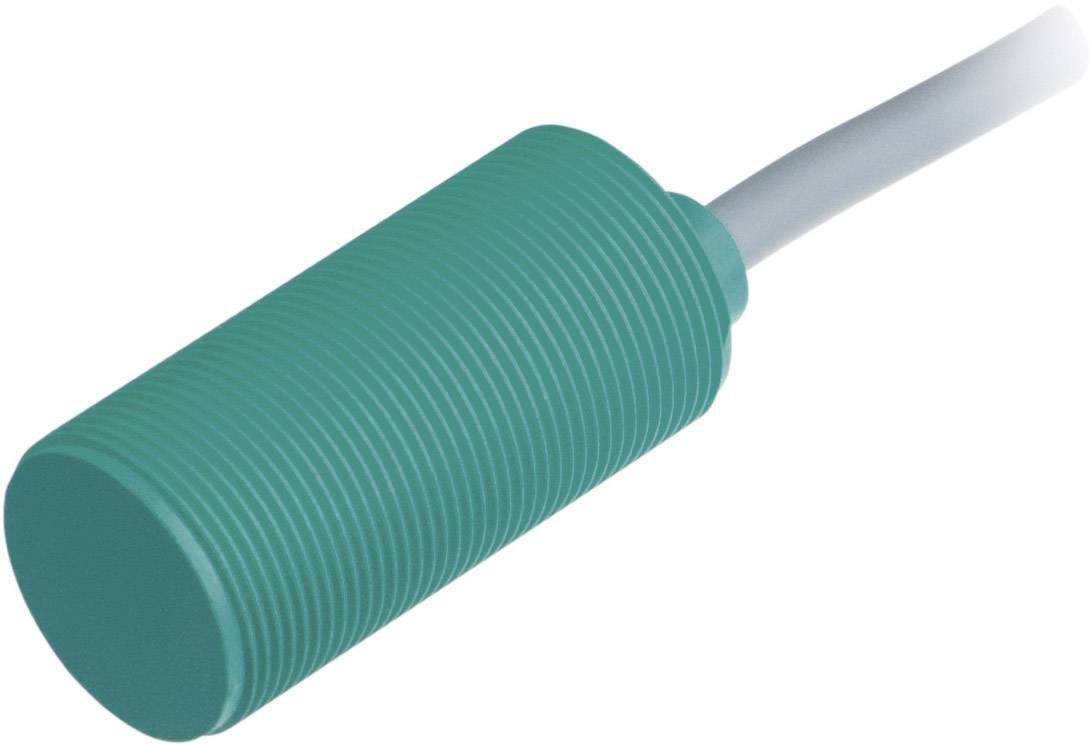 Capteur de proximité cylindrique vert avec structure cannelée et connexion de câble à l'extrémité arrière.