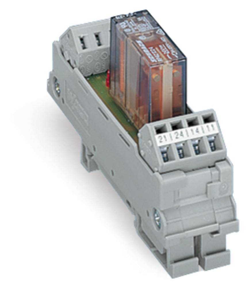 Un module de relais gris avec un boîtier transparent, monté sur un rail DIN. Adapté aux systèmes de commande industriels.