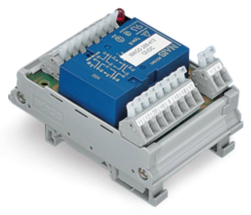 Composant électronique de circuit monté sur rail DIN, avec capot de protection bleu et de nombreuses bornes de connexion.