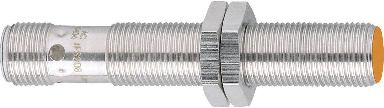 Capteur de proximité cylindrique en métal avec une extrémité de capteur orange, deux écrous de fixation.