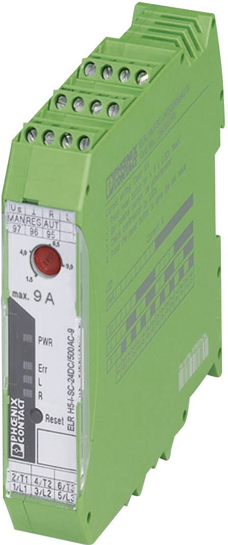 Un appareil électrique vert de Phoenix Contact avec plusieurs entrées en haut, un interrupteur et un indicateur LED sur la façade.