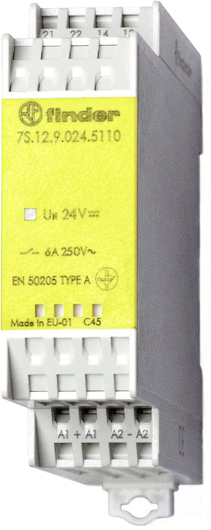 Un relais avec une étiquette jaune affiche les spécifications techniques : 'U<sub>b</sub> 24V~', '6A 250V~', 'EN 50205 TYPE A'. Bornes en haut et en bas.