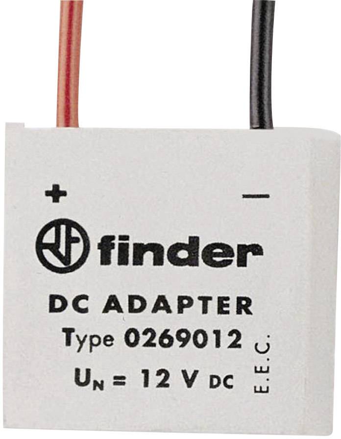 Un adaptateur DC de la marque Finder, modèle 0269012, avec une tension de 12 V DC, présente des câbles rouges et noirs pour les pôles positif et négatif.