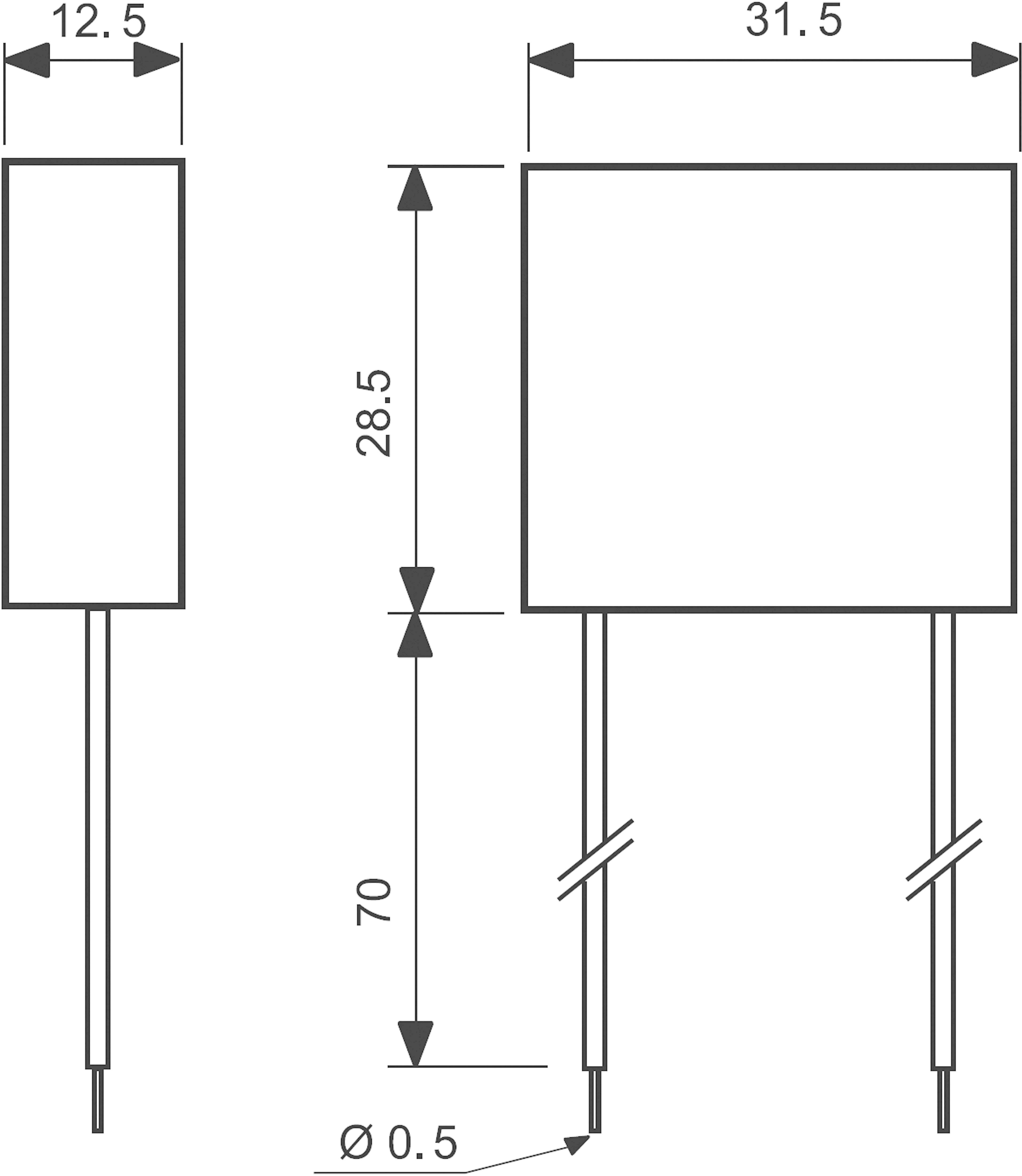Esquisse d'un composant électronique avec dimensions : largeur 12,5 mm, hauteur 28,5 mm, profondeur 31,5 mm, diamètre du trou 0,5 mm.