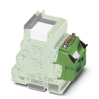 Un dispositif électronique vert, modulaire, avec un connecteur D-Sub à l'avant, montable sur un rail DIN.