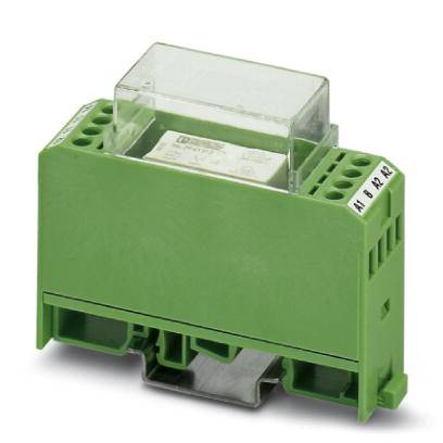Un module de coffret électrique en plastique vert avec plusieurs bornes de connexion et un couvercle transparent sur le dessus.