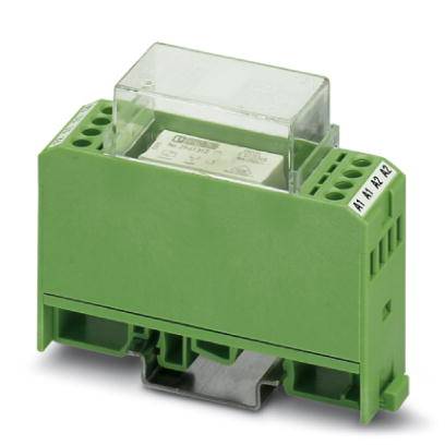 Dispositif de relais électrique vert avec plusieurs points de connexion, monté sur un rail DIN.
