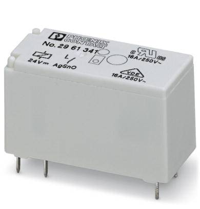 Un relais blanc portant l'inscription 'Phoenix Contact', avec des spécifications techniques de 16A/250V et des broches de connexion sur sa face inférieure.