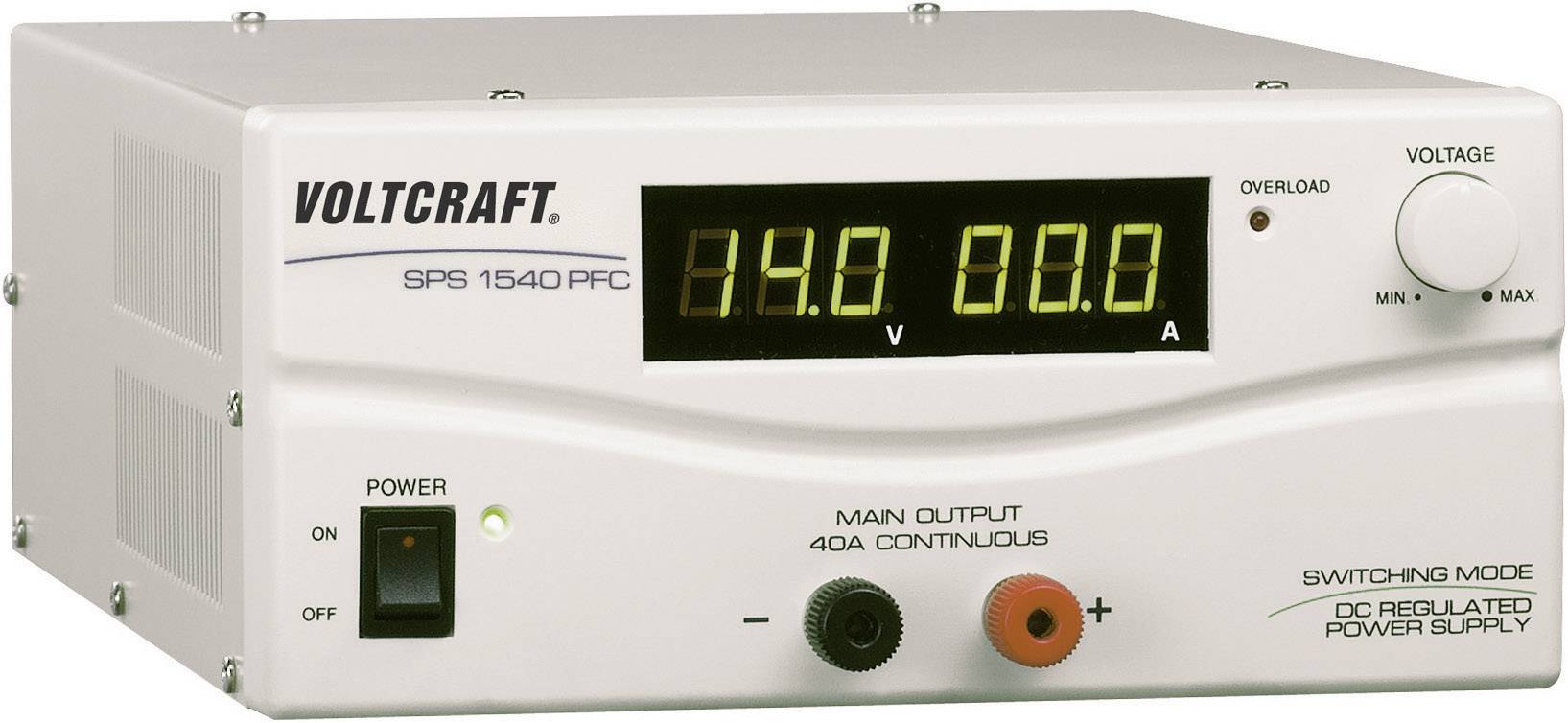 Alimentation électrique blanche Voltcraft SPS 1540 PFC avec affichage numérique, indiquant les valeurs de tension et de courant. Interrupteur principal situé en bas à gauche.